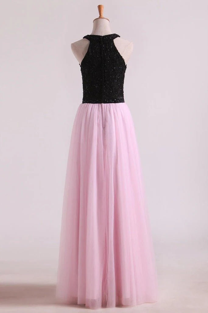 Party Dresses A-Line Scoop Floor-Length Tulle Black Bodice Zipper Back